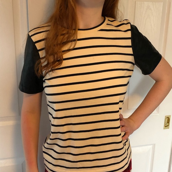 J. Crew striped, exposed zip back knit shirt w/faux leather sleeves - size S - Picture 4 of 13